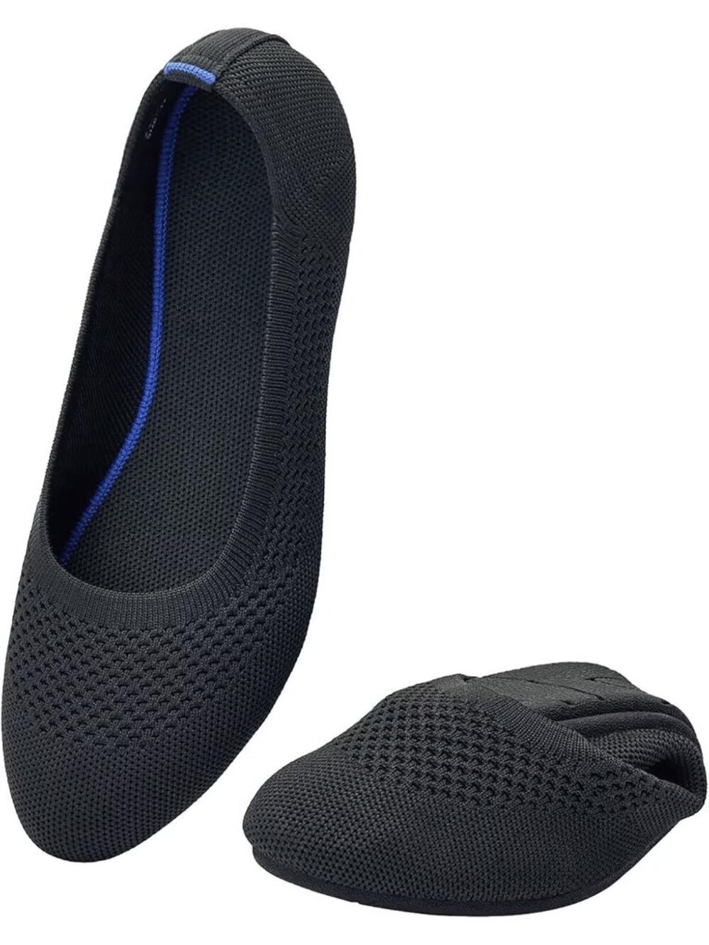 Women's Black Blue Ballet Flat Knit Round Toe Textile Slip On Walking Shoes